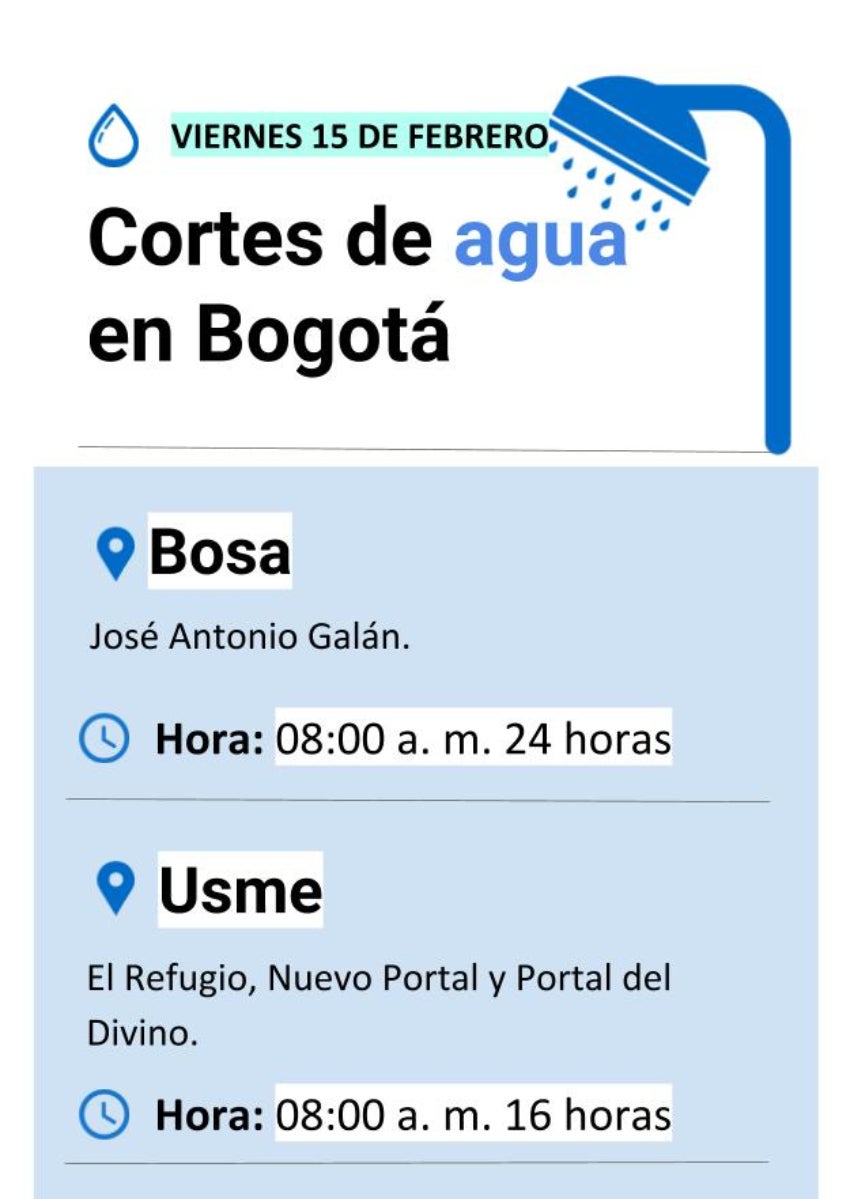 Cortes de agua en Bogotá viernes 15 de febrero