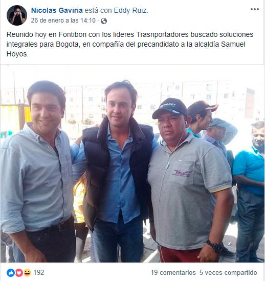 Nicolás Gaviria con Samuel Hoyos, precandidato del uribismo a la Alcaldía de Bogotá