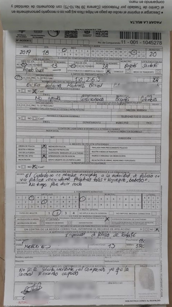 Comparendo impartido por la Policía