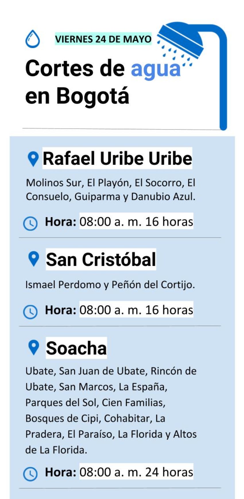 Cortes de agua en Bogotá jueves 24 de mayo