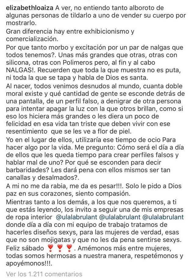 Elizabeth Loaiza les envía un duro mensaje a sus críticos