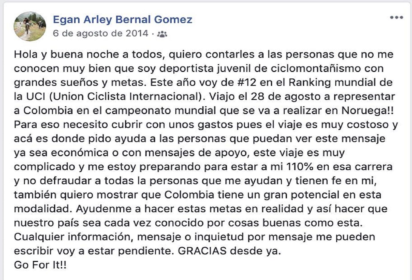 Mensaje de Egan Bernal