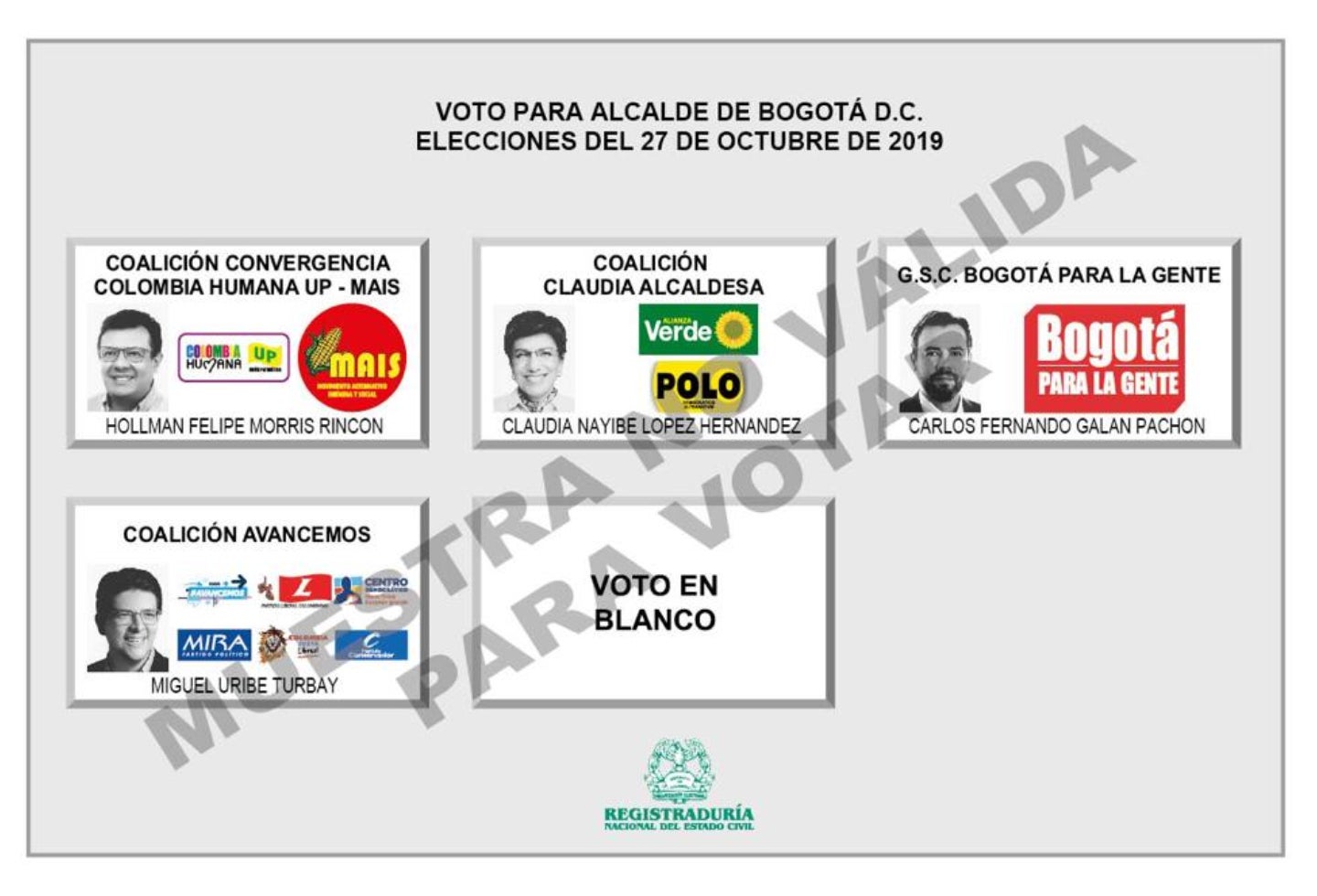 Tarjetón para elecciones de Alcaldía de Bogotá 2019