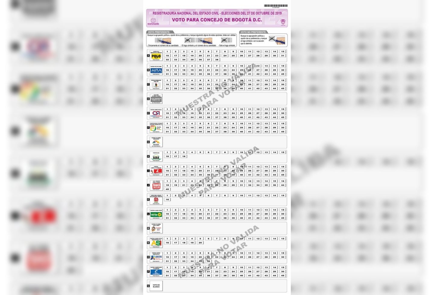 Tarjetón para elecciones de Concejo de Bogotá 2019