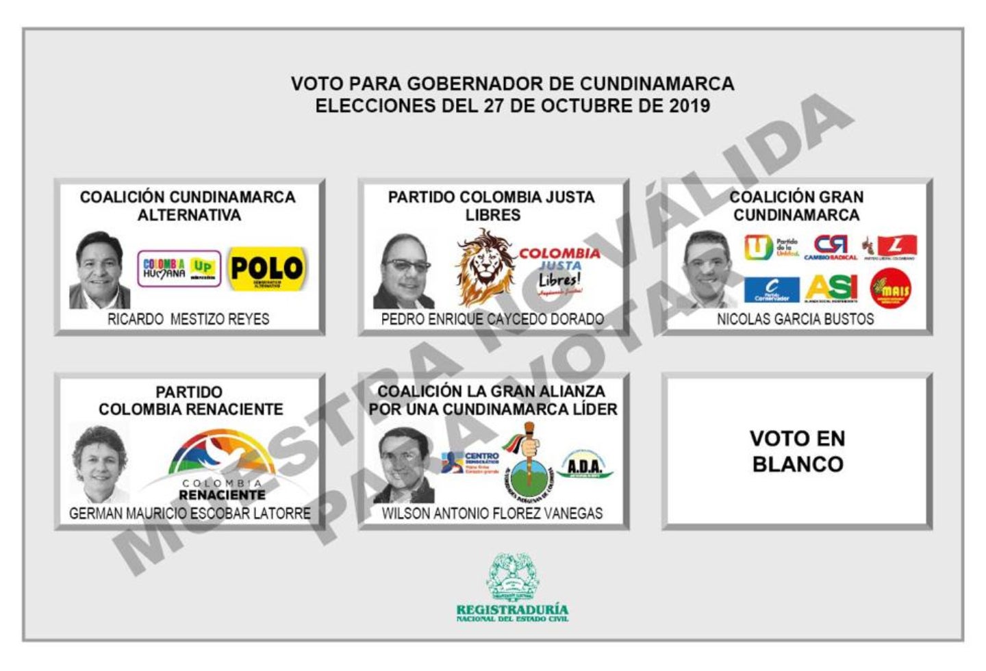 Tarjetón para elecciones de Goibernación de Cundinamarca 2019