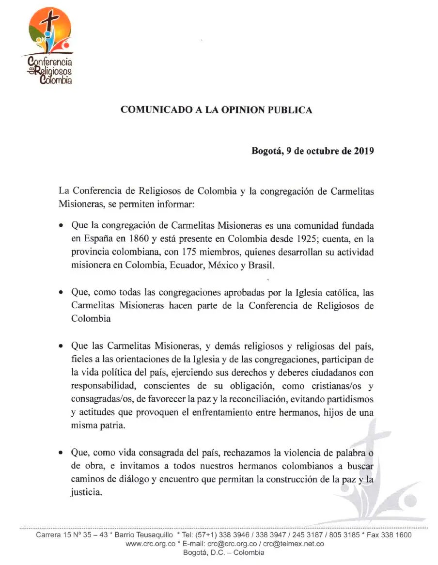 El comunicado de la Conferencia de Religiosos de Colombia y la congregación de Carmelitas Misioneras