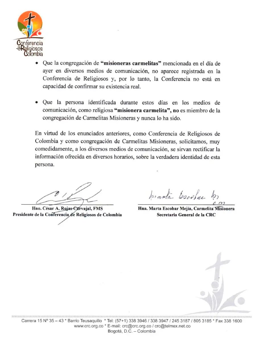 El comunicado de la Conferencia de Religiosos de Colombia y la congregación de Carmelitas Misioneras
