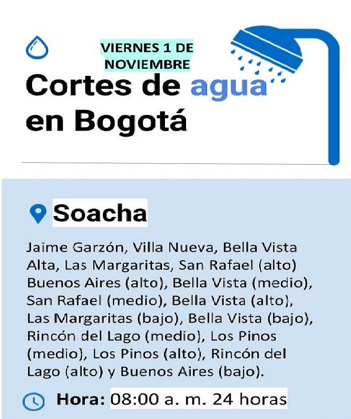 Cortes de agua en Soacha del primero de noviembre