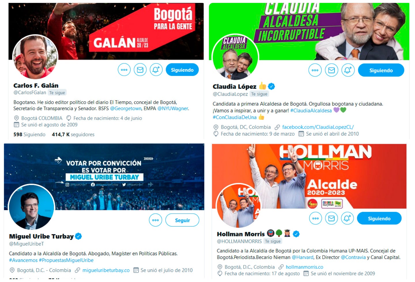 Las cuentas en Twitter de los candidatos a la Alcaldía de Bogotá