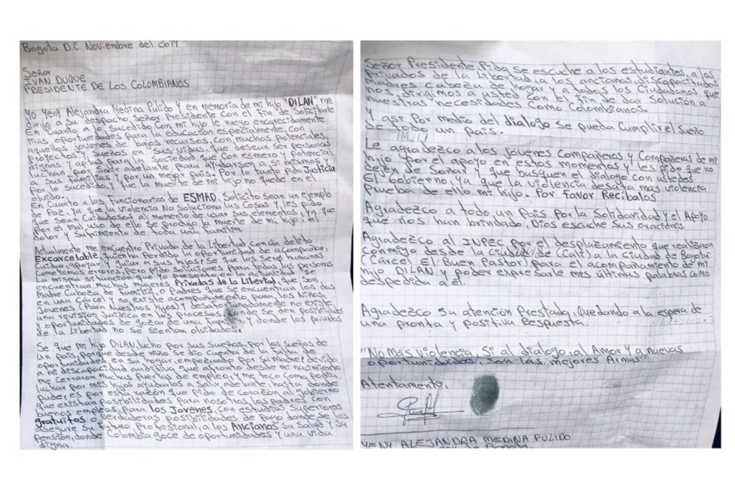 Carta de la madre de Dilan Cruz