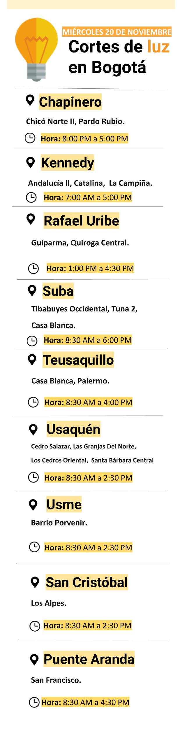 Cortes de luz este miércoles en Bogotá