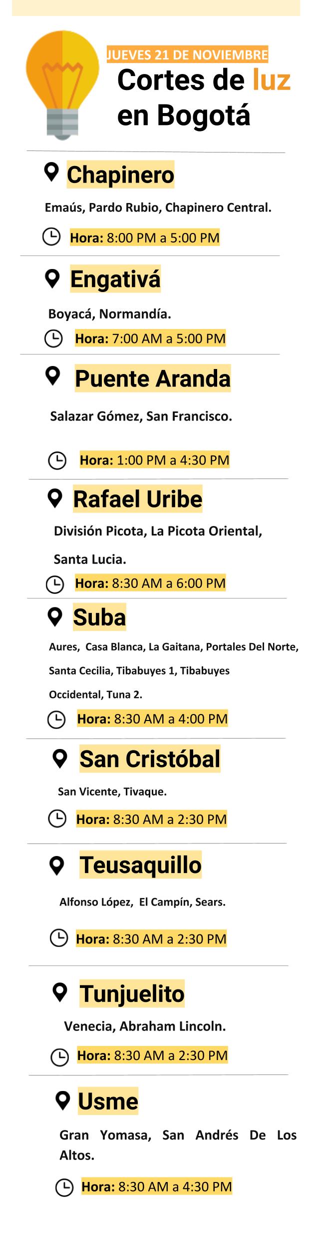 Cortes de luz en Bogotá el jueves 21 de noviembre