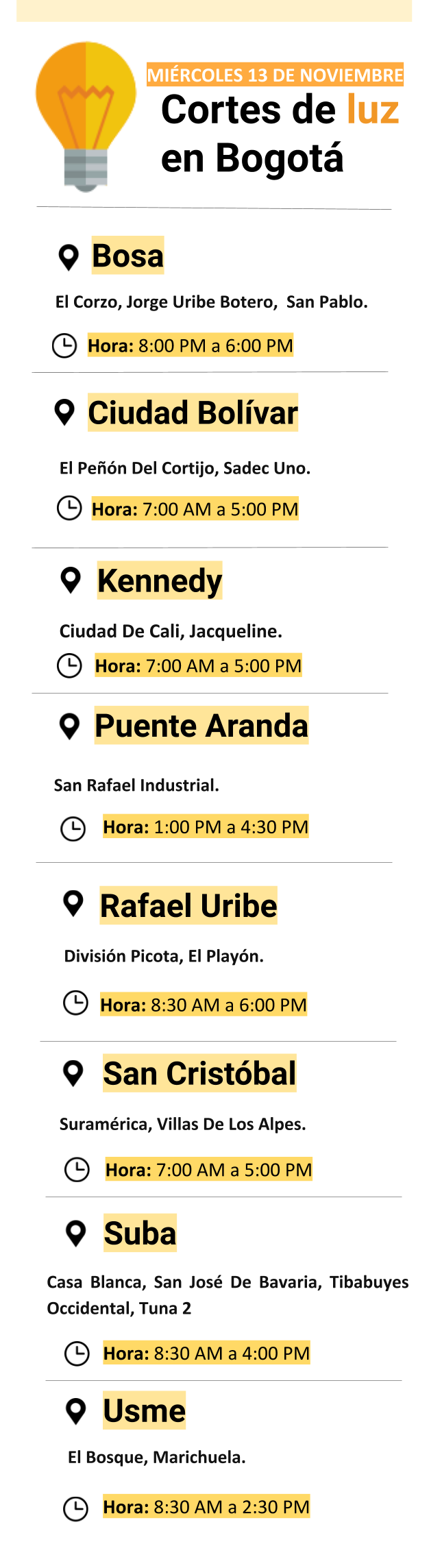 Cortes de luz miércoles 13 de noviembre en Bogotá.