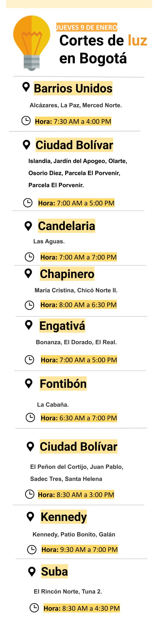 Cortes de luz en Bogotá para el jueves