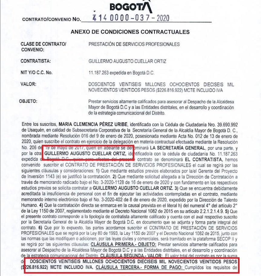 Contrato de Guillermo Cuellar con Claudia López