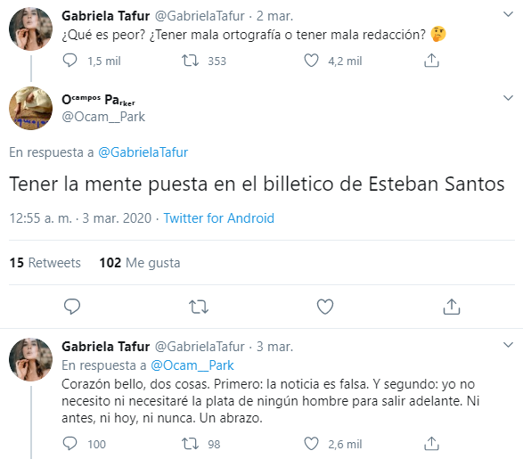 Captura del Twitter de Gabriela Tafur
