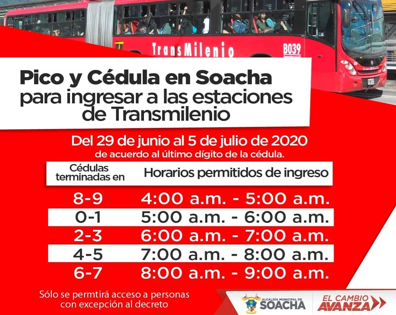 Pico y cédula Transmilenio en Soacha