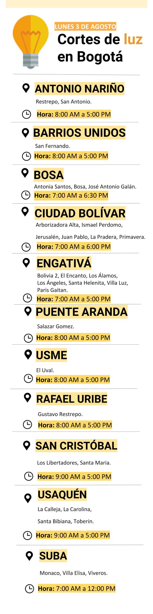 Cortes de luz en Bogotá para el 3 de agosto