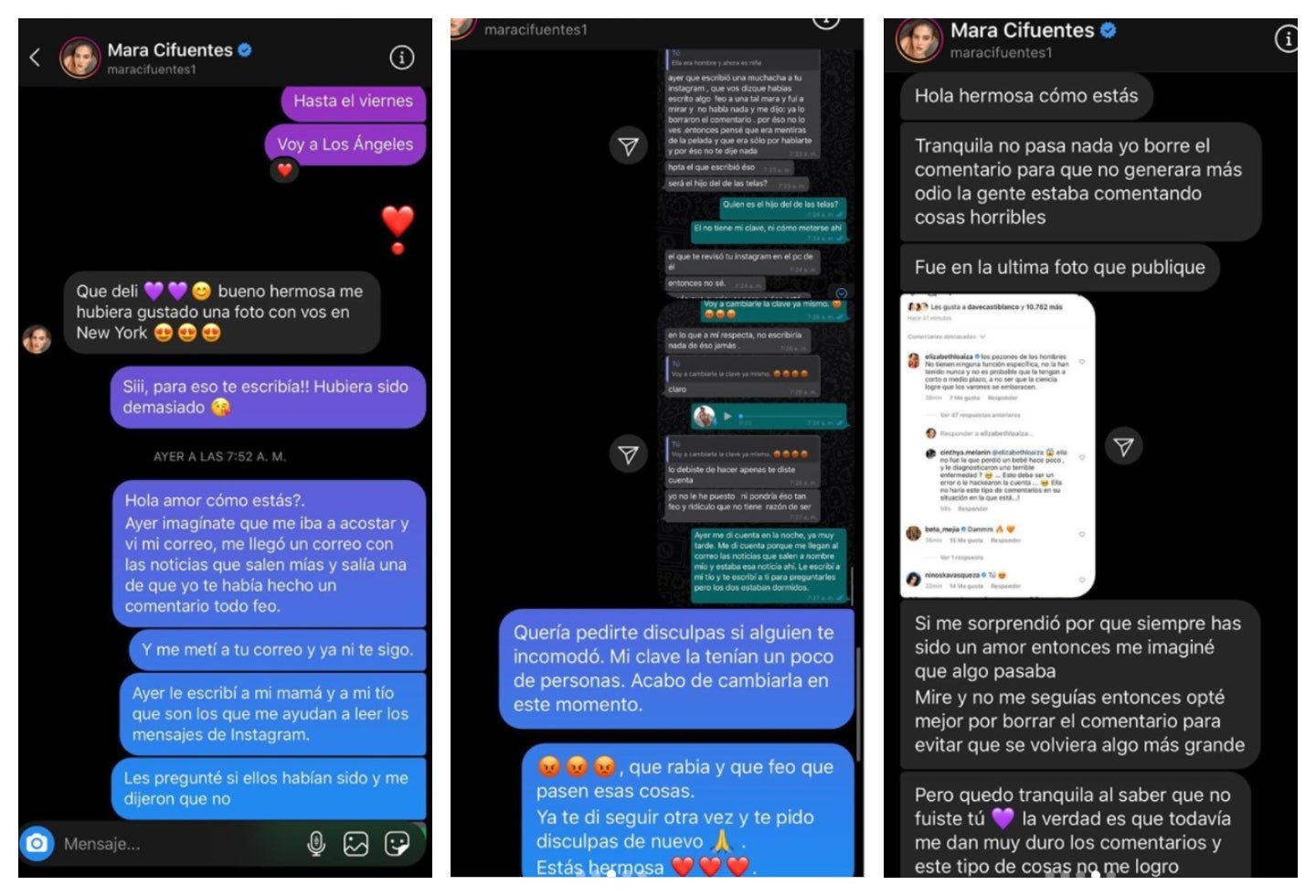 Pantallazos de conversación entre Elizabeth Loaiza y Mara Cifuentes