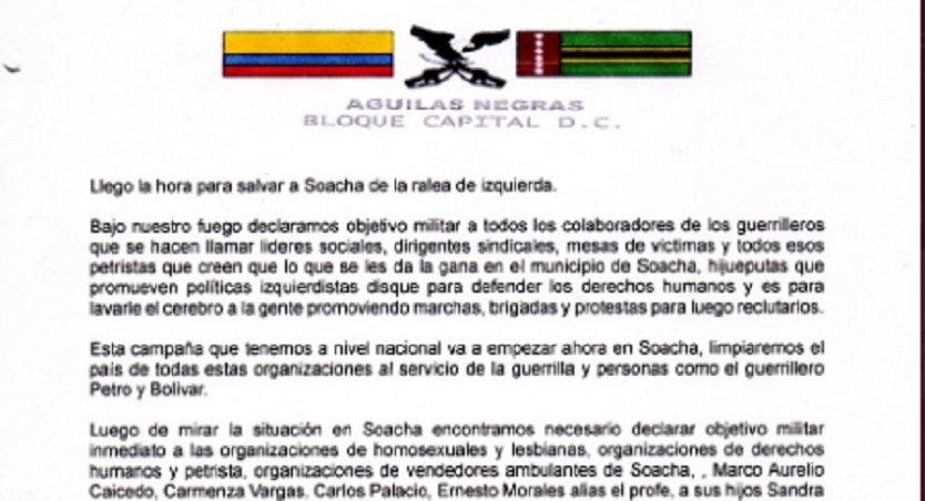 Panfletos de supuestas Águilas Negras