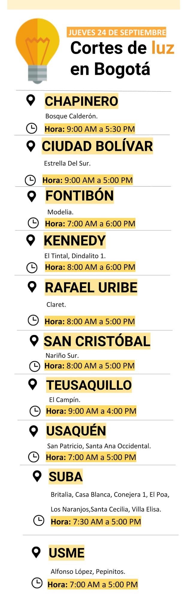 Cortes en Bogotá 24 de septiembre