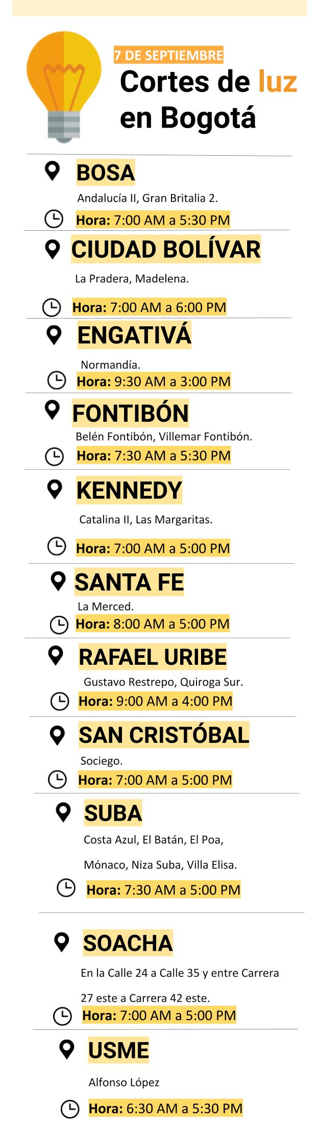 Cortes de luz para el 7 de septiembre en Bogotá y Soacha