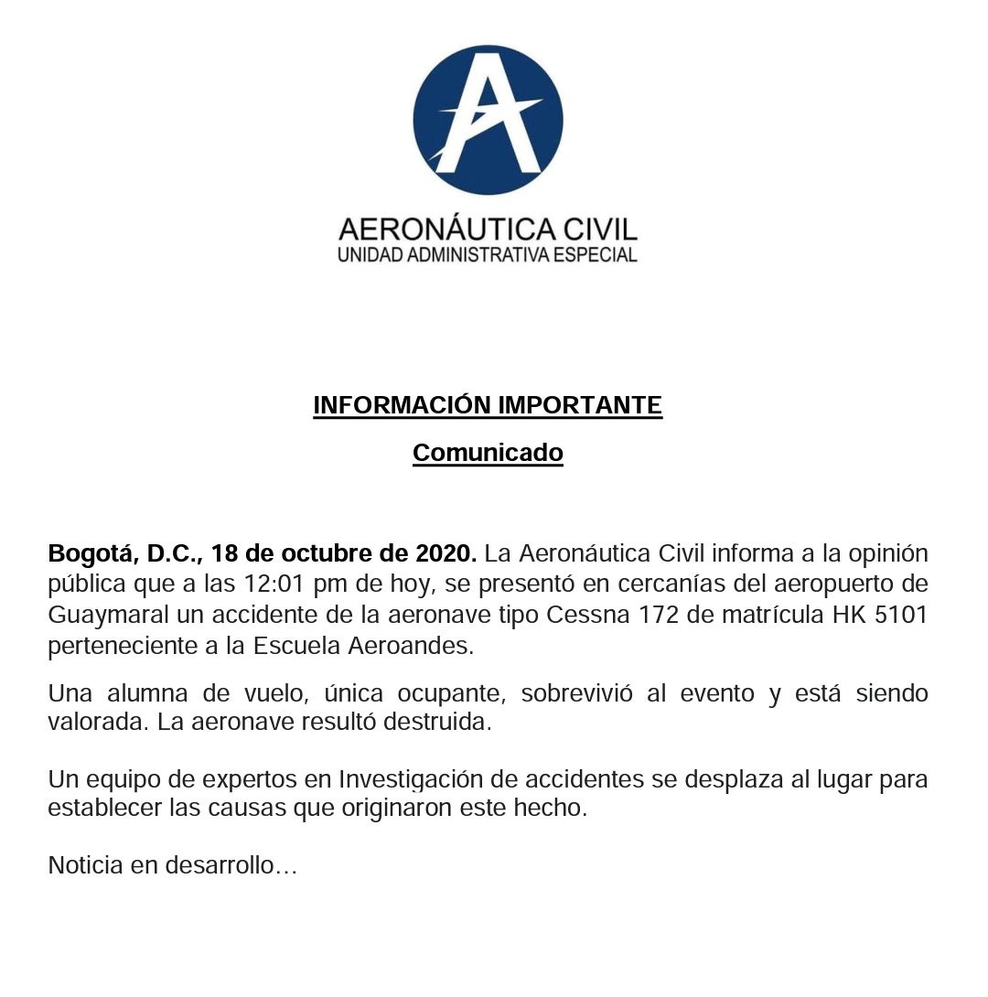 Accidente de Aeronave - comunicado
