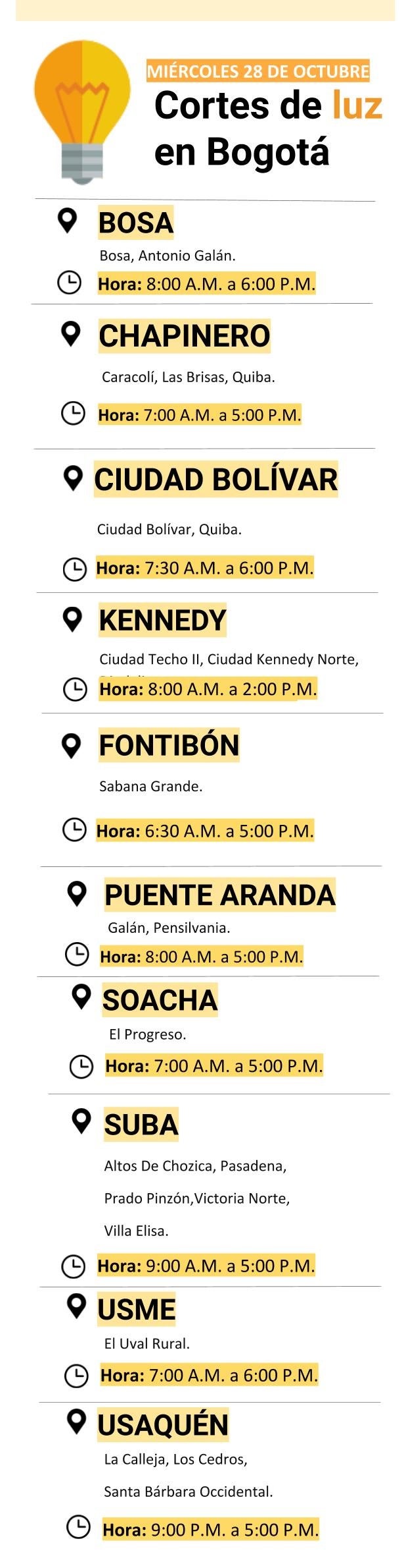 Cortes de luz en Bogotá para el miércoles 28 de octubre