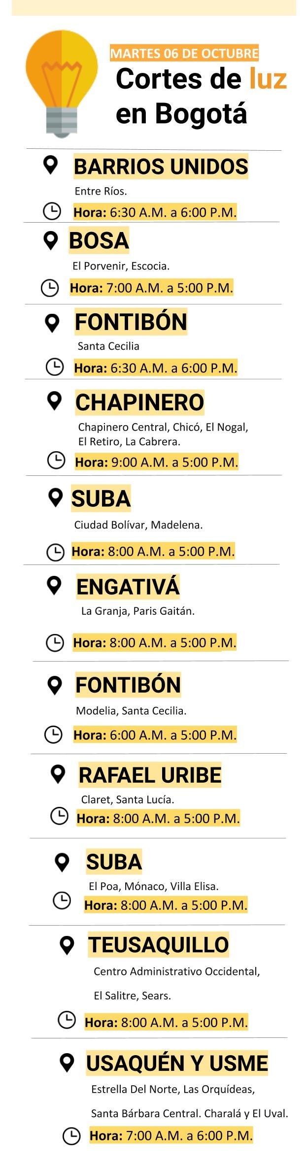 Cortes de luz para el martes 6 de octubre en Bogotá