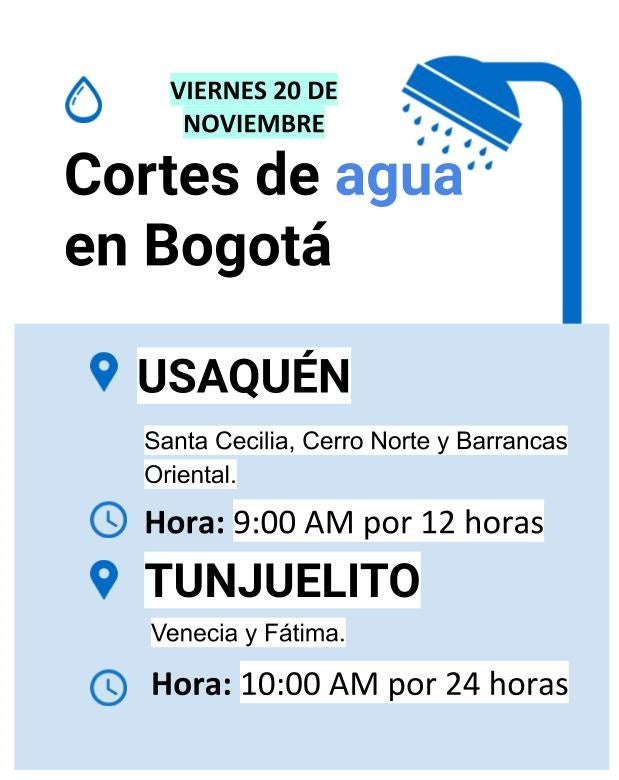 Cortes de agua para el 20 de noviembre en Bogotá