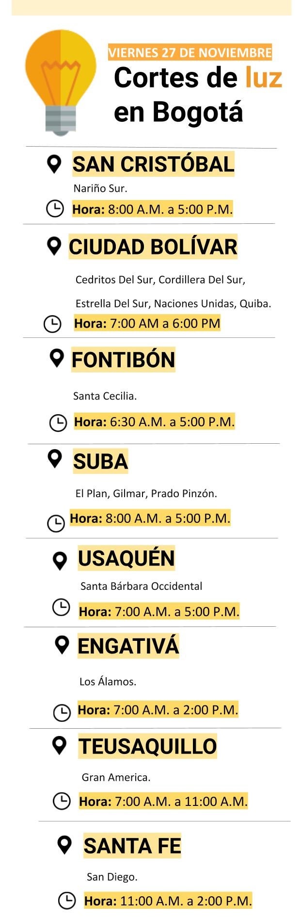 Cortes de luz para el viernes 27 de noviembre en Bogotá