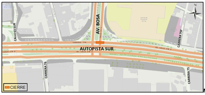 Cierre en la autopista sur con avenida Bosa, sentido Bogotá-Soacha
