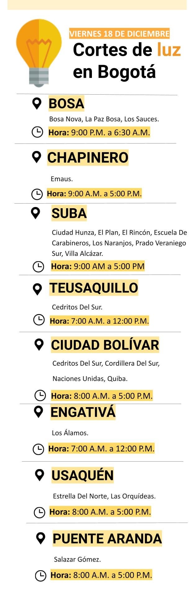 Cortes de luz para el viernes 18 de diciembre en Bogotá