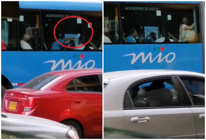 Hombre limpió la ventana del bus en Cali con el tapabocas y luego se lo puso