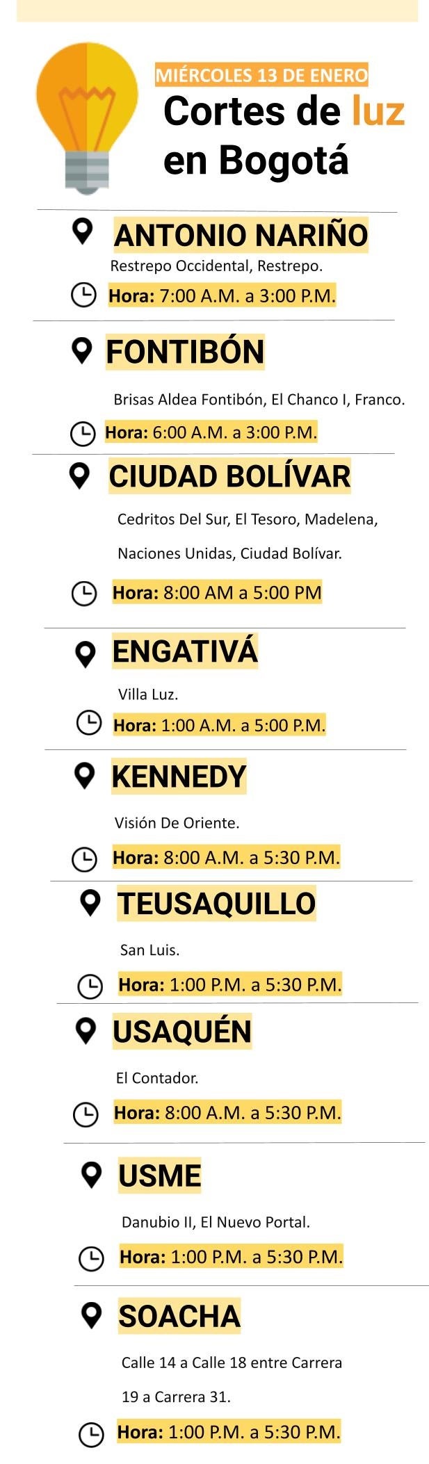 Cortes de luz en Bogotá para el miércoles 13 de agosto