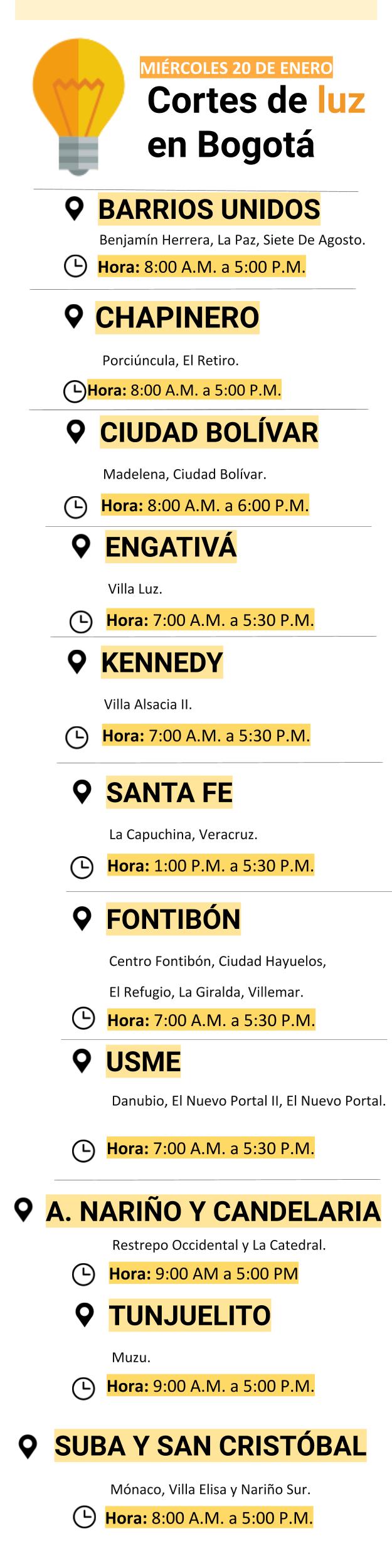 Cortes de luz en Bogotá para el miércoles 20 de enero
