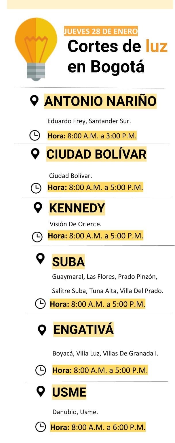 Cortes de luz en Bogotá para el jueves 28 de enero