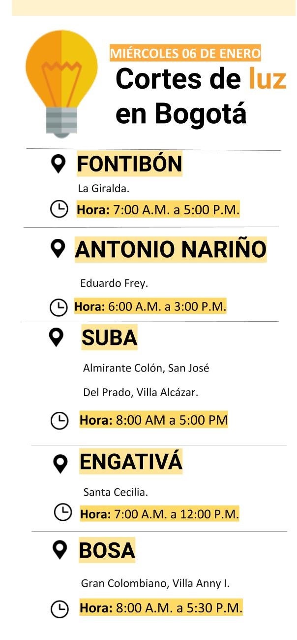 Cortes de luz para el miércoles 06 de enero en Bogotá