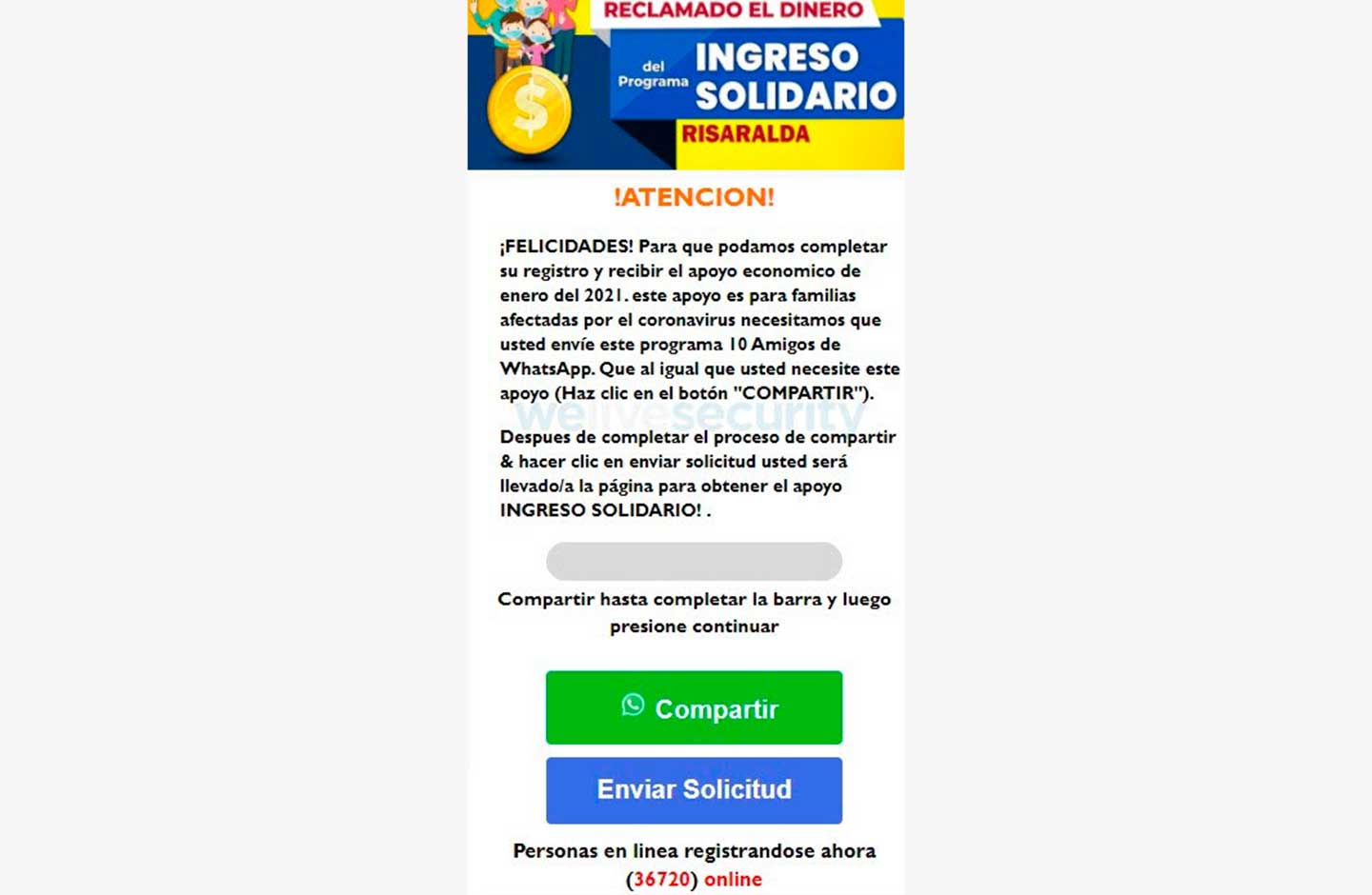 Estafa ingreso solidario en WhatsApp