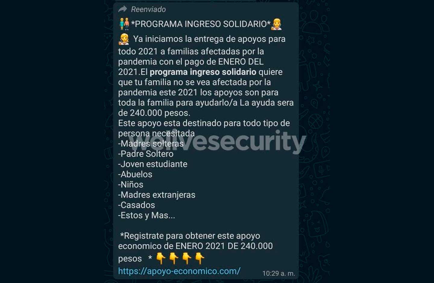 Estafa ingreso solidario en WhatsApp