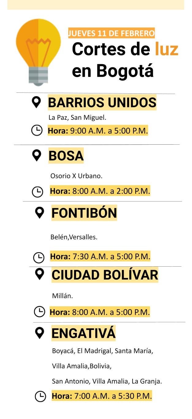Cortes de luz en Bogotá para el jueves 11 de febrero