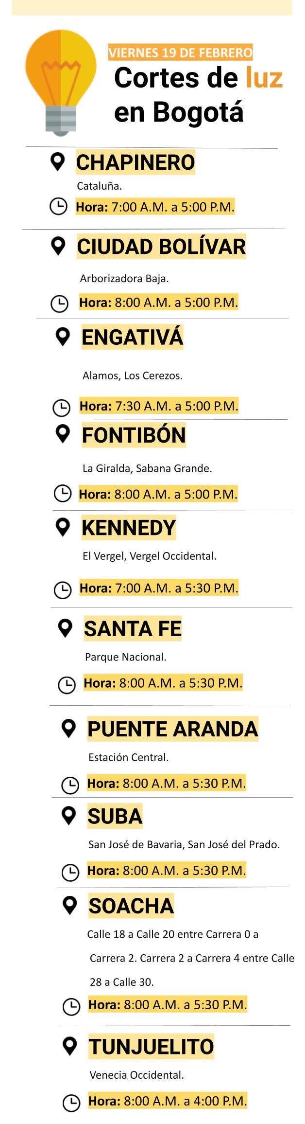Cortes de luz en Bogotá para el viernes 19 de febrero
