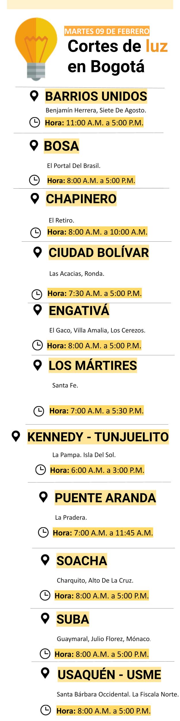 Cortes de luz para el martes 09 de febrero en Bogotá