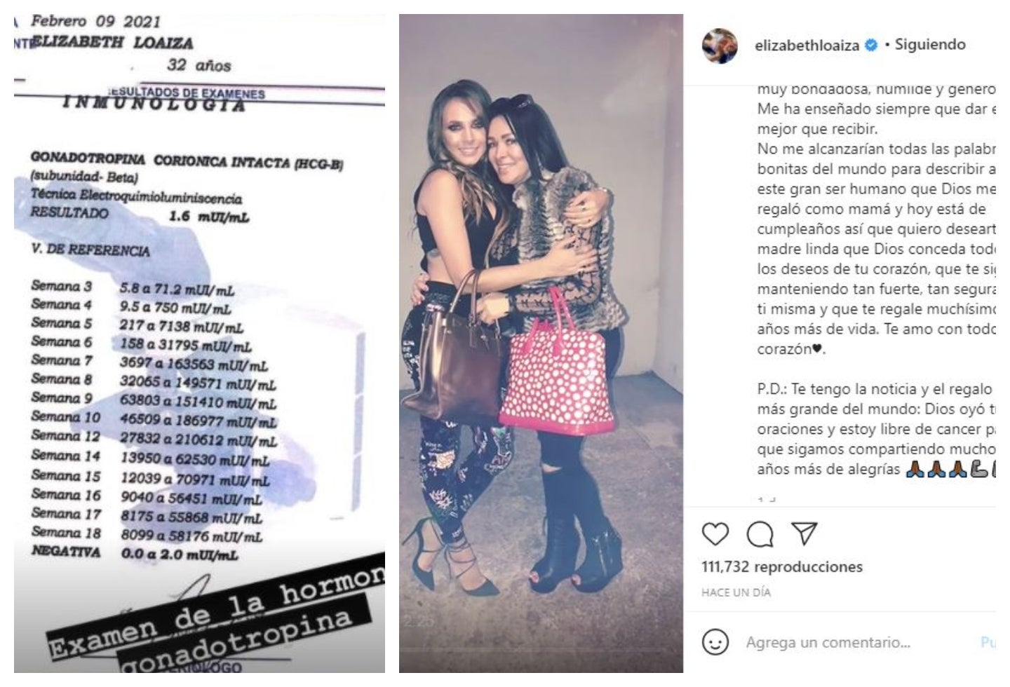 Publicación de Elizabeth Loaiza en la que confirma estar libre de cáncer