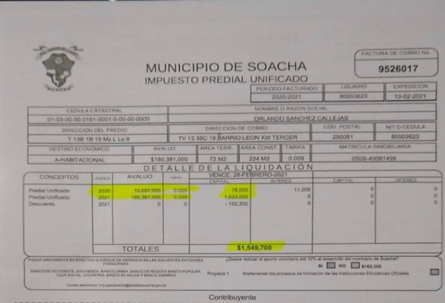 Denuncian cobro excesivo de impuesto predial en Soacha
