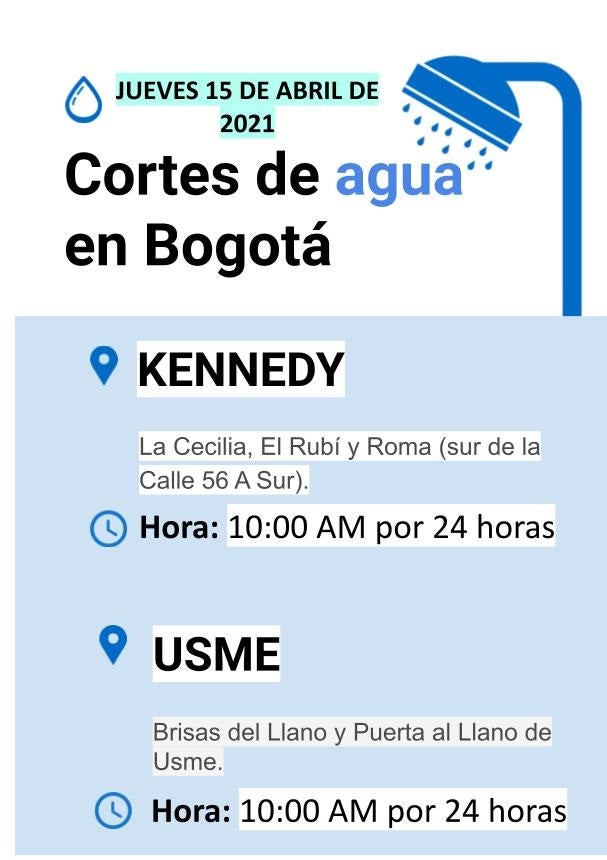 Cortes de agua en Bogotá para el jueves 15 de abril