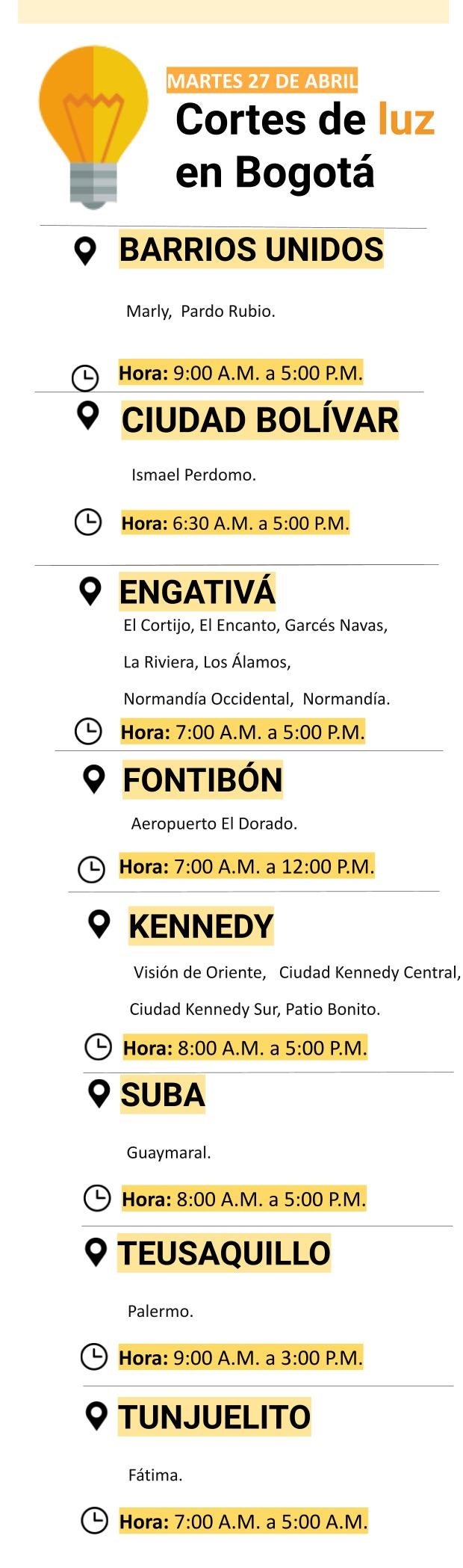 Cortes de luz en Bogotá para el martes 27 de abril
