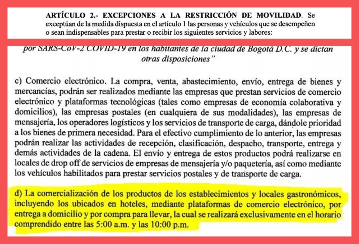 Excepciones a decreto de cuarentena en Bogotá