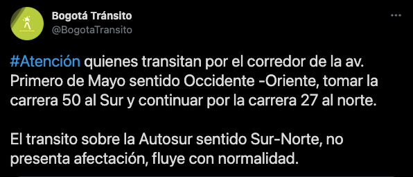 Evite el trancón Primera de Mayor - cuarentena en Bogotá