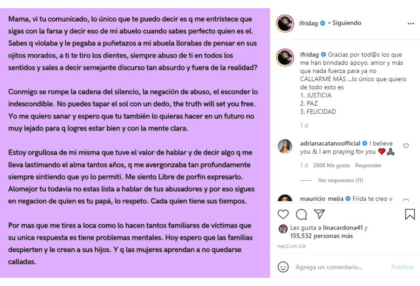 Publicación de Frida Sofía contra Alejandra Guzmán